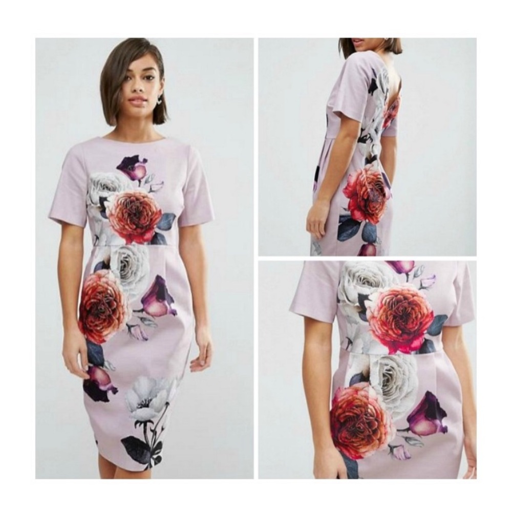 ASOS pink floral midi pencil dress with POCKETS